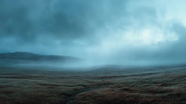 Moody landscape featuring a misty field under a dark, brooding sky. Cool toned colors dominate, with hints of rust colored vegetation.  Low lying fog adds to the mysterious atmosphere.