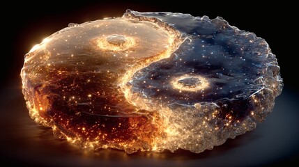 Yin Yang Symbol Made of Glowing Cosmic Ice with Stars and Light Effects