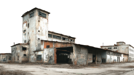 Abandoned Factory in City background isolated on a Transparent background, PNG file.