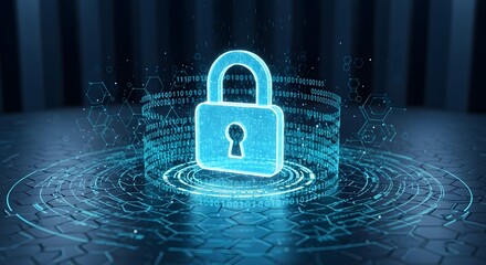 Cybersecurity and data protection concept. Glowing blue padlock hologram over a futuristic digital interface representing network security.