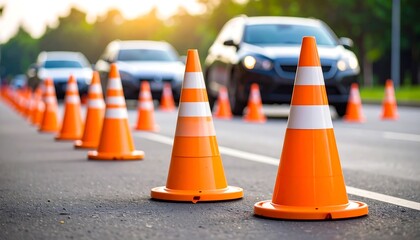 Orange traffic cones on a road with cars in the background