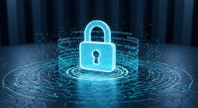 Cybersecurity and data protection concept. Glowing blue padlock hologram over a futuristic digital interface representing network security.