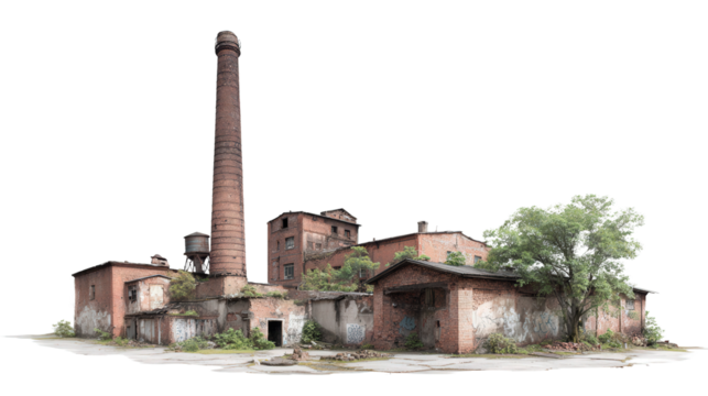 Abandoned Factory in Urban Area background isolated on a Transparent background, PNG file.