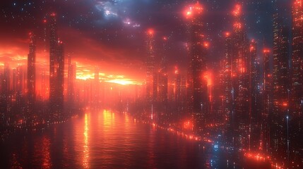 Fototapeta premium Futuristic city sunset on canal illustration