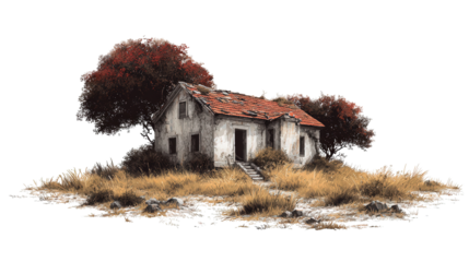 Abandoned House in Field background isolated on a Transparent background, PNG file.