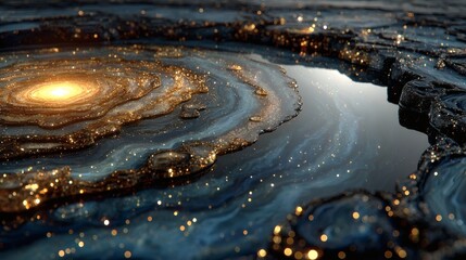 Vivid Galaxy Galaxy Formation with Sparkling Gold Dust and Blue Nebula in Deep Space