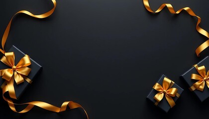 Elegant black gift boxes with golden ribbons on a dark background Black Friday sale concept,  design,  christmas