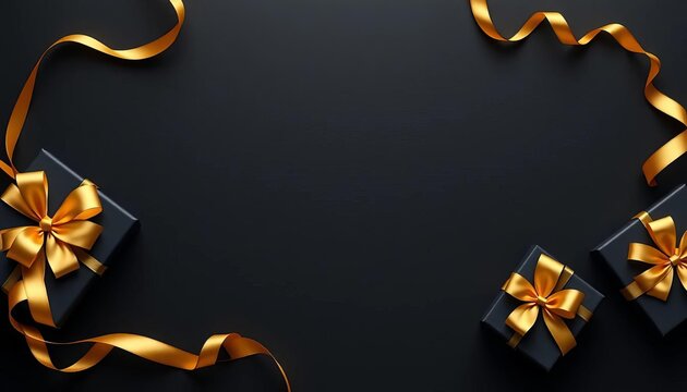 Elegant black gift boxes with golden ribbons on a dark background Black Friday sale concept,  design,  christmas
