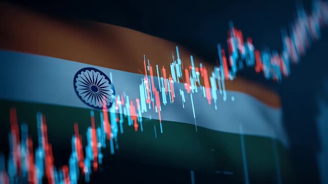 
A stock market graph with the Indian flag in the background.