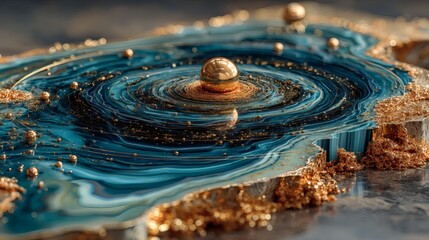 Abstract Blue Gold Liquid Water Droplet Art with Metallic Spheres and Glittering Accents