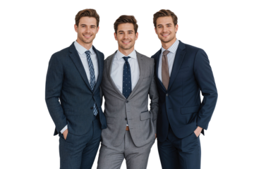Three smiling businessmen in smart suits stand together. Represents a successful business team, leadership, and professional collaboration, isolated on transparent background