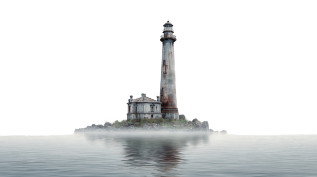 Abandoned Lighthouse in the Mist background isolated on a Transparent background, PNG file.