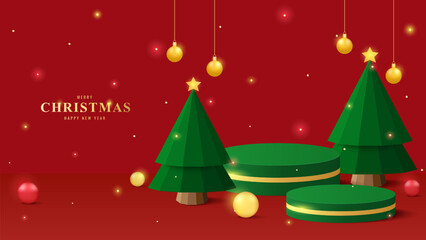 3D Green podium with minimal christmas trees, ornaments and festive lights. Perfect for holiday product display or advertising background