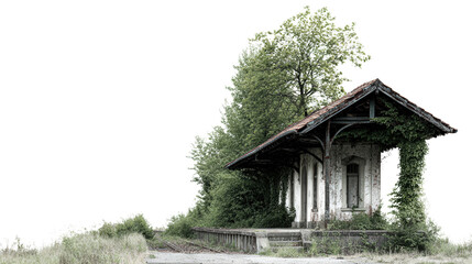 Abandoned Railway Station in the Woods background isolated on a Transparent background, PNG file.