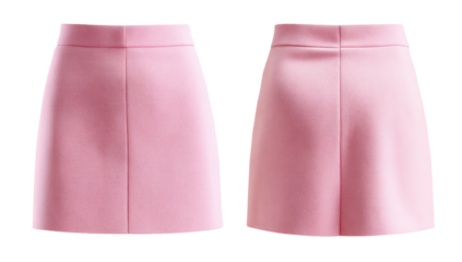 Front and back view of a light pink mini skirt.  Seamless,  flat,  and  high-waisted.  Clean lines