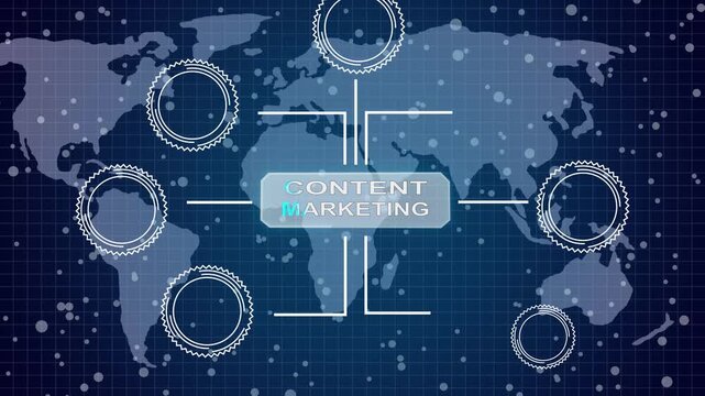 Internet, business, Technology and network concept. Digital Marketing content planning advertising strategy concept. Virtual button. Virtual 4k video animation and grid maps background.