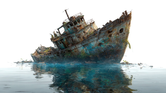 Abandoned Shipwreck in Ocean background isolated on a Transparent background, PNG file.