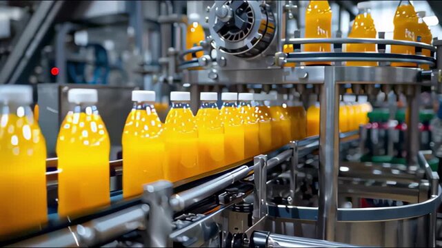 A production line featuring bottles of orange juice moving along conveyor belts in a factory setting.
