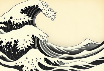 Abstract black & white wave pattern; vintage Japanese ocean background , hand drawn, asian