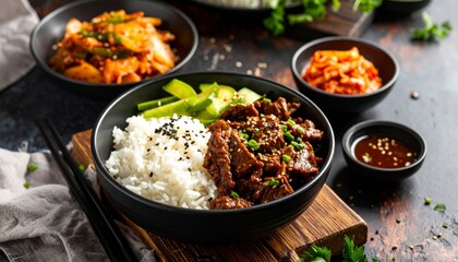 Beef Bulgogi with Rice and Pickles in Aesthetic Korean Bowl