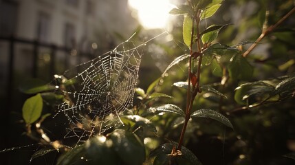 Close-up of a spider web adorned with morning dew, set against lush green leaves.