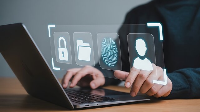 Person accessing digital security interface with laptop biometric authentication fingerprint scan
