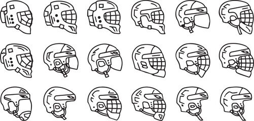 Ice Hockey Helmet Line Icon Sheet – Minimalist Vector Set of Protective Sports Headgear, Goalie, Cage, Visor, and Youth Helmets