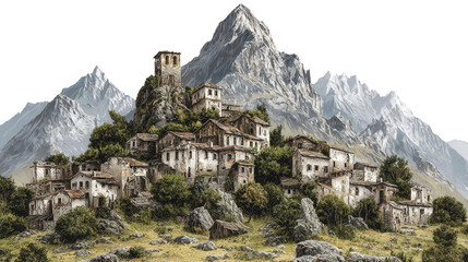 Abandoned Village in Mountains background isolated on a Transparent background, PNG file.