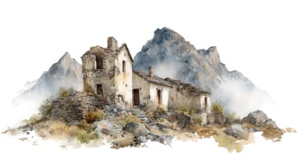 Abandoned Village in the Mountains background isolated on a Transparent background, PNG file.