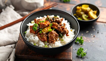 Beef Bulgogi with Rice and Pickles in Aesthetic Korean Bowl