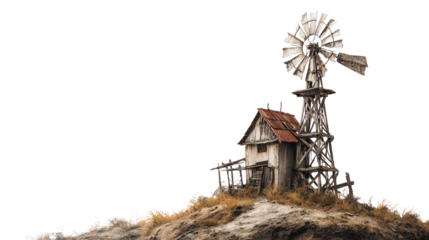 Abandoned Windmill on Hilltop background isolated on a Transparent background, PNG file.