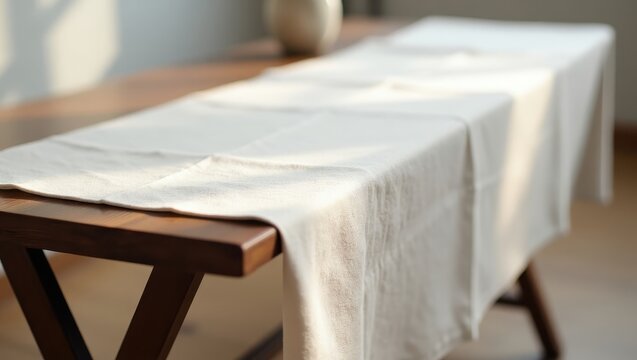Light beige linen table runner on a wooden table. - Powered by Adobe