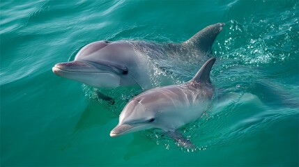 Fototapeta premium Two playful dolphins swimming in turquoise waters.