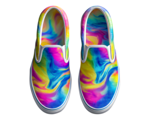 Pair of Vibrant Tie Dye Slip-On Shoes with Swirling Colors, Top-Down View, Isolated on Transparent Background