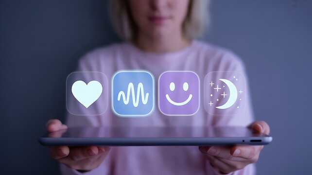 Person holding tablet displaying digital icons image