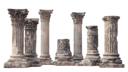 Ancient Roman Columns in Ruins background isolated on a Transparent background, PNG file.