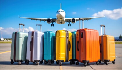 Colorful suitcases on a tarmac with a plane landing overhead
