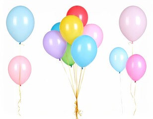 Vibrant helium balloons in various colors on a white background, perfect for festive occasions and celebrations.