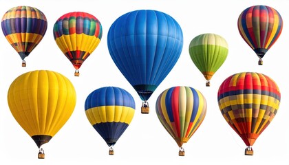 Obraz premium A collection of colorful hot air balloons isolated on a white background, displaying diverse designs and vibrant patterns.