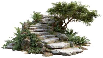 Ancient Stone Pathway in Jungle background isolated on a Transparent background, PNG file.