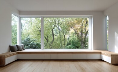 Obraz premium Interior view of a window seat with a view of green trees