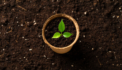 One tree sapling in biodegradable pot on soil, top down view