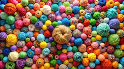Whimsical crochet creation surrounded by an explosion of colorful yarn balls in a playful atmosphere