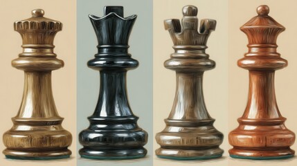 Detailed illustration of four chess queens.