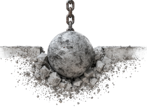 Heavy metal ball crashing through concrete