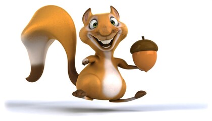 A cheerful cartoon squirrel leaps, holding an acorn