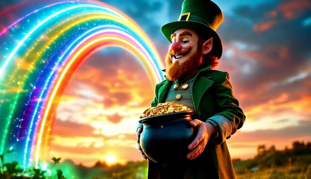Leprechaun with Pot of Gold at Rainbow's End