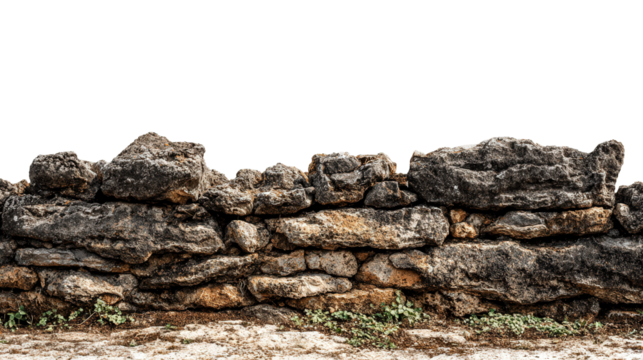Ancient Stone Wall in Garden background isolated on a Transparent background, PNG file.