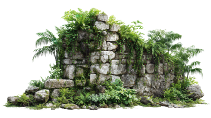 Ancient Stone Wall in Jungle background isolated on a Transparent background, PNG file.