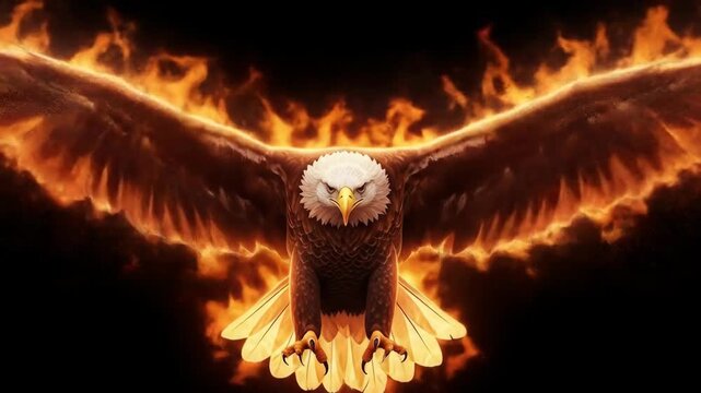 American bald eagle soars forward with blazing orange flames on its wings against black background.